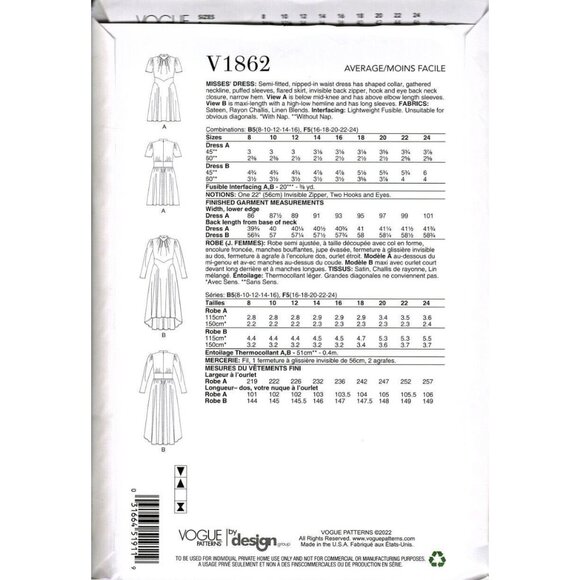 Vogue V1862 Misses 8 to 16 Semi Fitted Dresses Uncut Sewing Pattern - Picture 2 of 2